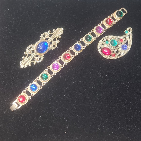 Multicolor Cabochon Jewelry lot Bracelet Brooch Gold Tone vintage - Picture 3 of 16